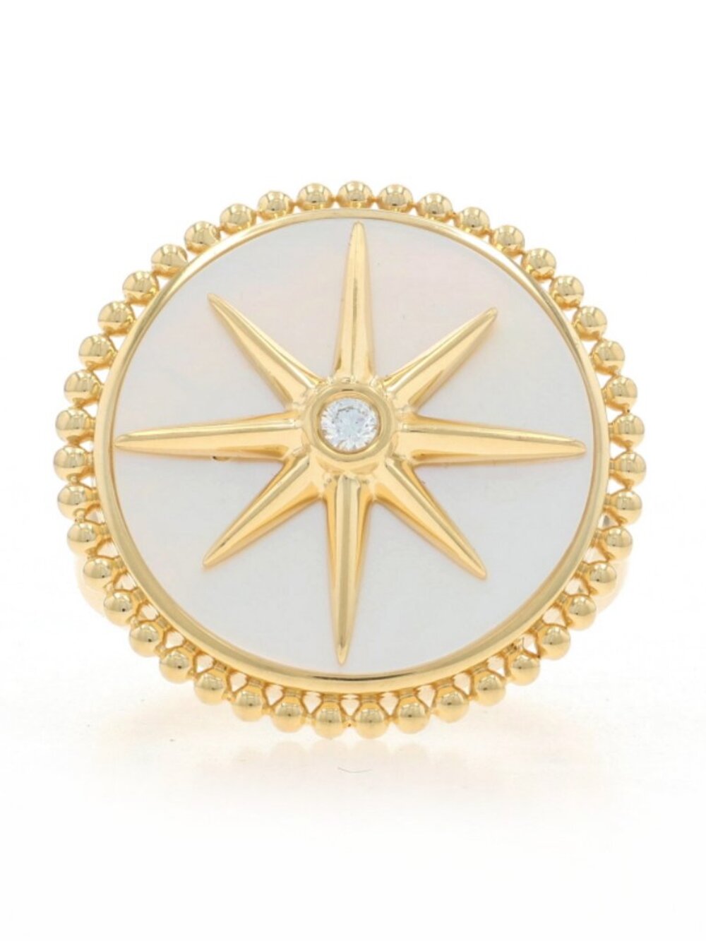 Yellow Gold Mother of Pearl Diamond North Star Cocktail Halo Ring 18k Celestial